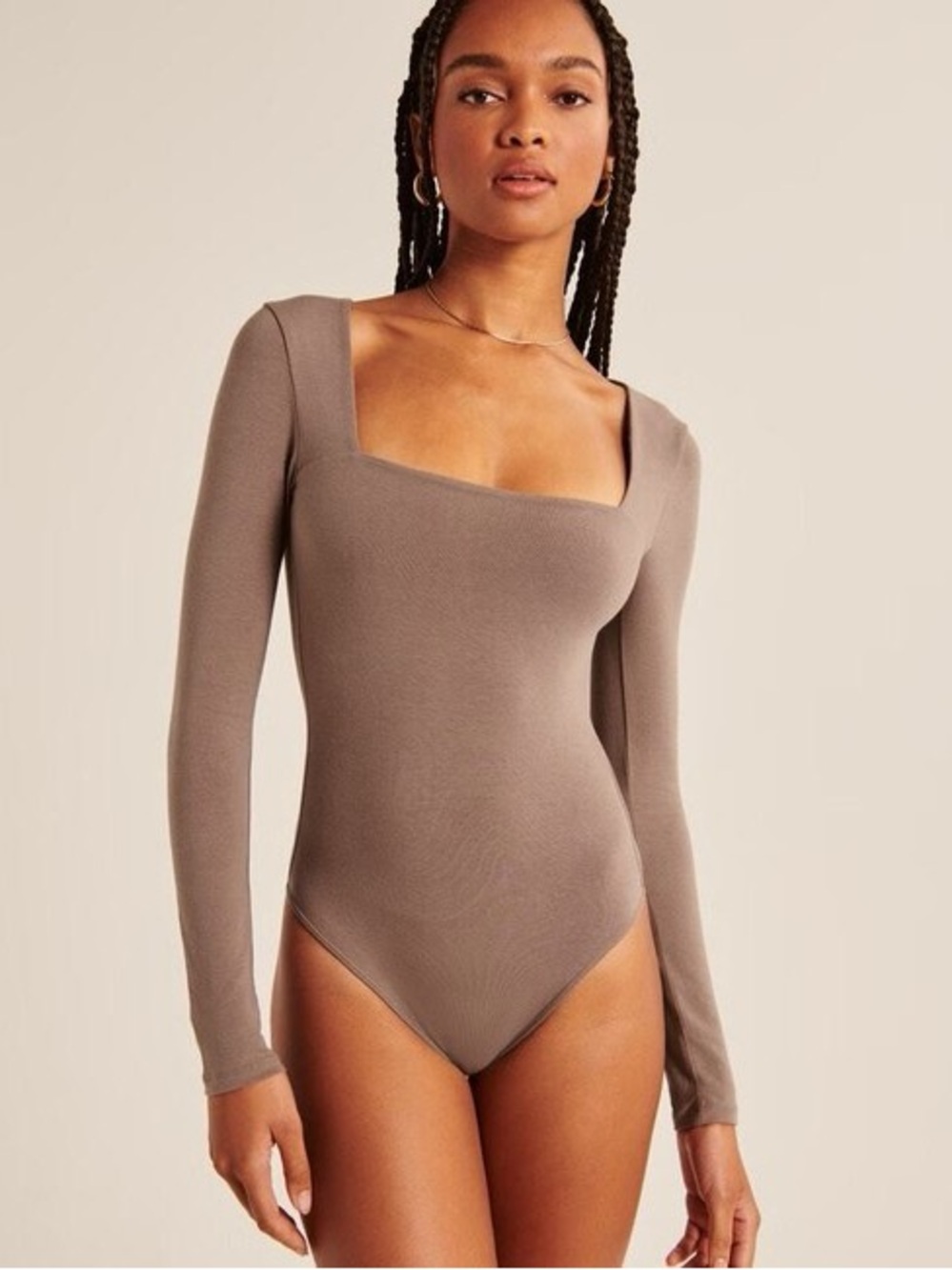 Abercrombie & Fitch Square Neck Long-Sleeve Bodysuit - Taupe
